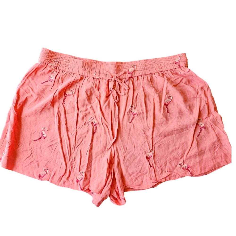 Loft Womens Pink Flamingo Embroidered Drawstring Shorts Size M Coral Rayon EUC